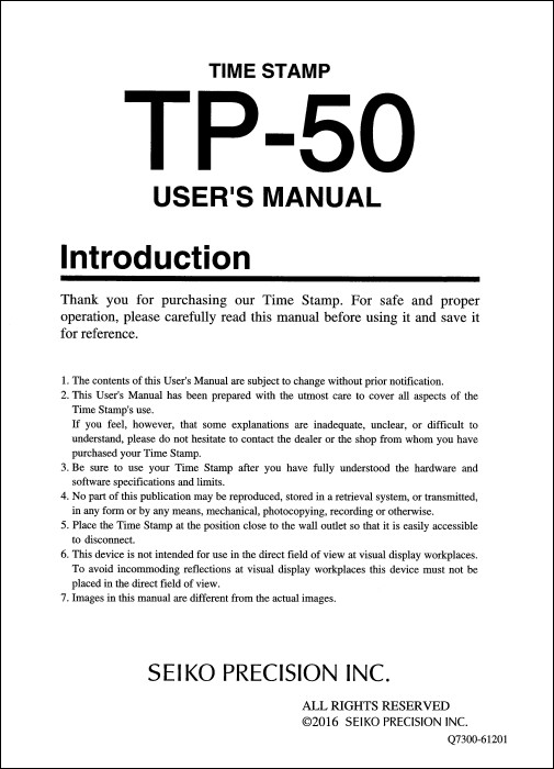 Time Clocks Australia - Seiko TP-50 User Manual